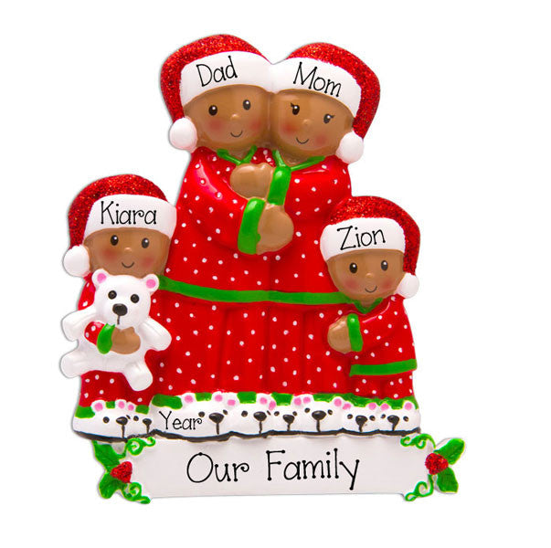 African american/ Ethnic family of 4 in pajamas / my personalized ornaments