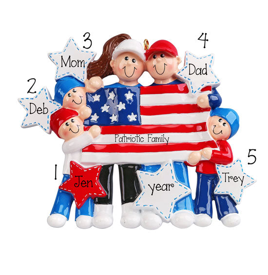 American Flag Patriotic Family of 5~Personalized Christmas Ornament