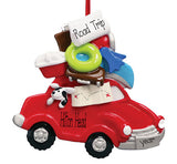 RED CAR WITH BEACH STUFF ON TOP, ROAD TRIP ORNAMENT / MY PERSONALIZED ORNAMENTS