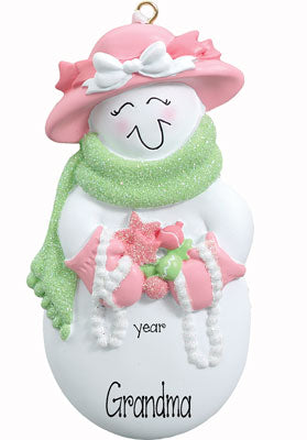 SNOWLADY DRESSED IN PINK WITH PEARLS, GRANDMA / MY PERSONALIZED ORNAMENT
