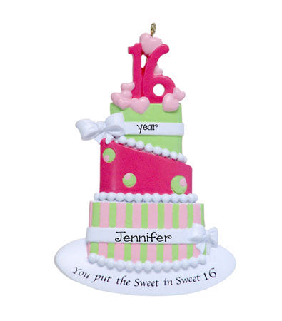 SWEET 16 PINK LAYERED BIRTHDAY CAKE ORNAMENT / MY PERSONALIZED ORNAMENTS
