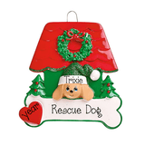 Tan Dog  in a Red and Green Dog House~Personalized Christmas Ornament