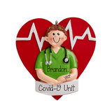 Male Nurse in Green Scrubs in front of  a Red Heart in the covid=19 unit ~personalized Christmas  ornament