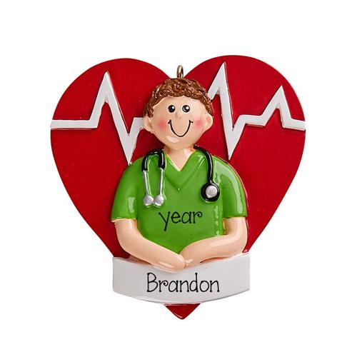 Male Nurse in Green Scrubs~Personalized Christmas Ornament