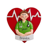 Male Nurse in Green Scrubs in front of  a Red Heart ~personalized Christmas  ornament