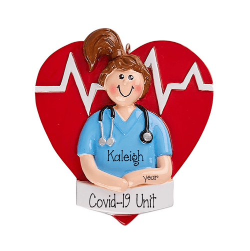 Female Nurse in Green Scrubs in front of  a Red Heart in the covid=19 unit ~personalized Christmas  ornament