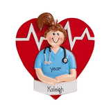 Female Nurse in Blue Scrubs in front of  a Red Heart ~personalized Christmas  ornament