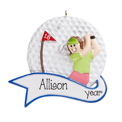 Brunette Woman Golfer ~ Personalized Christmas Ornament