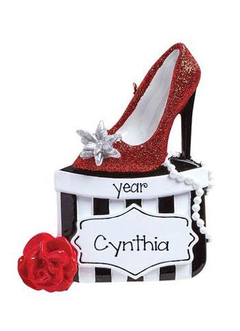 Red Glitter high heel shoes with a decorative box~Personalized Christmas Ornament