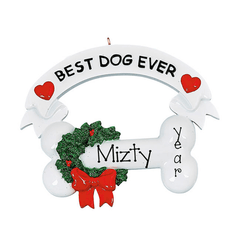 Best Dog Ever with a Bone and Red bow ~ Personalized Christmas Ornament