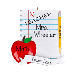 A+ Teacher with and Apple, Piece of Paper and Pencil~Personalized Christmas Ornament