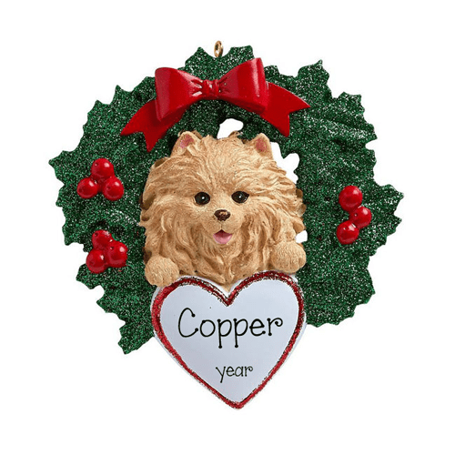 Pomeranian in a Green Glitter Wreath ~ Personalized Christmas Ornament