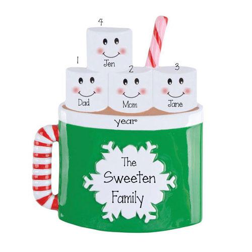 HOT CHOCOLATE Family with 4 Marshmallows~Personalized Christmas Ornament