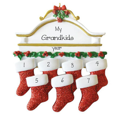 GRANDKIDS~Mantel with 7 Stockings~Personalized Ornament