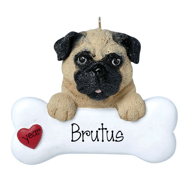 Tan and Black Pug  with a bone ~ Personalized Christmas Ornament