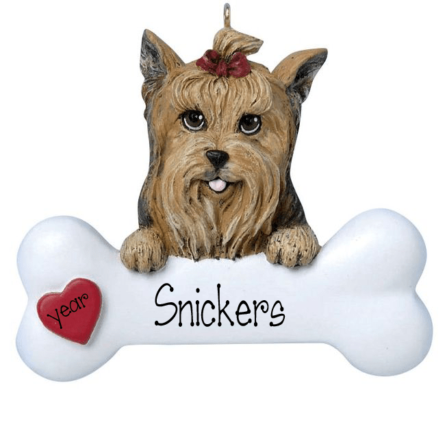 Yorkie or Yorkshire Terrier with a bone ~ Personalized Christmas Ornament