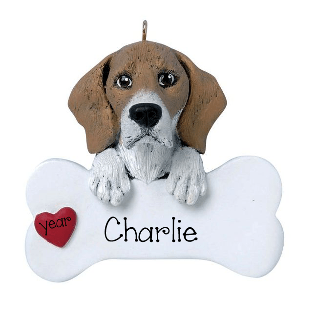 Tan and White BEAGLE with a bone ~ Personalized Christmas Ornament