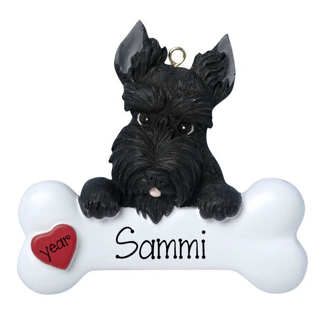 Black SCOTTIE  with a bone ~ Personalized Christmas Ornament