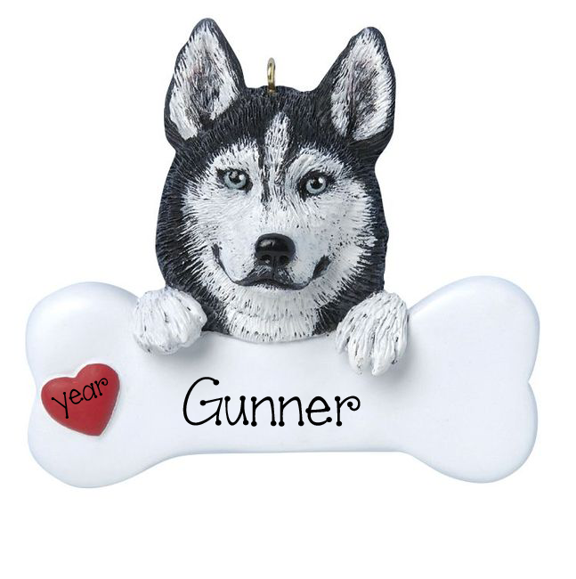 Siberian HUSKY with a bone ~ Personalized Christmas Ornament