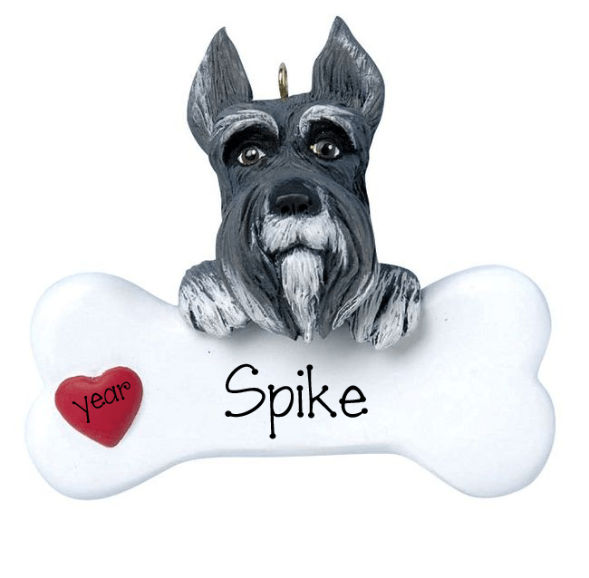Gray and White SCHNAUZER with a bone ~ Personalized Christmas Ornament