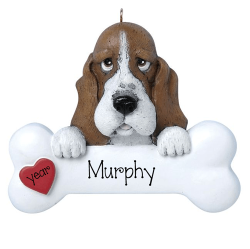 Brown and White BASSET HOUND with a bone ~ Personalized Christmas Ornament