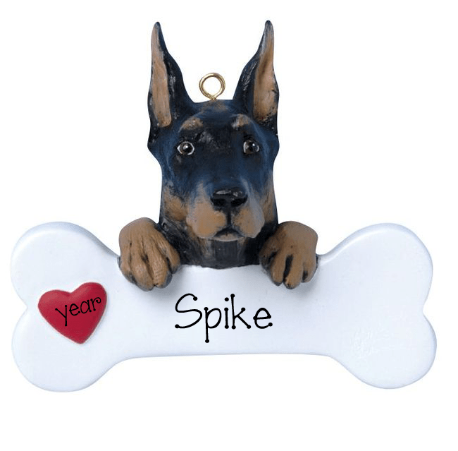 Black and Tan DOBERMAN PINSCHER with a Bone ~ Personalized Christmas Ornament