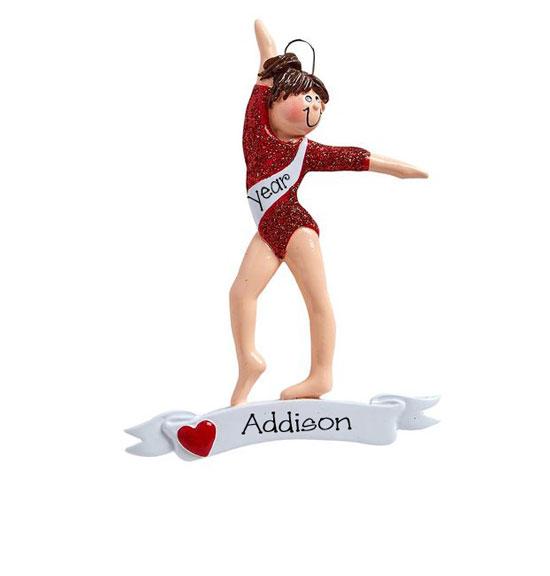 Brunette Girl in a Red Glitter Leotard~DANCE~Personalized Christmas Ornament