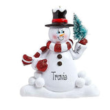 Snowman with red scarf and black hat and sitting on snow~Personalized Christmas Ornament