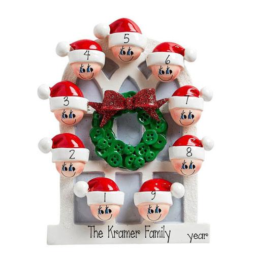 Family of 9-around an Arched window~Personalized Christmas Ornament