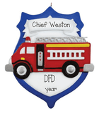 Fire Truck on a Blue Badge ~ Personalized Christmas Ornament