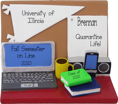 Desk with laptop, Books, cell phone, cup of coffee,,,college life~Personalized Christmas Ornament