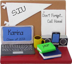 Desk with laptop, Books, cell phone, cup of coffee,,,college life~Personalized Christmas Ornament
