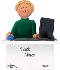 Blonde male Business Woman Sitting behind a Desk ~ Personalized Christmas Ornament