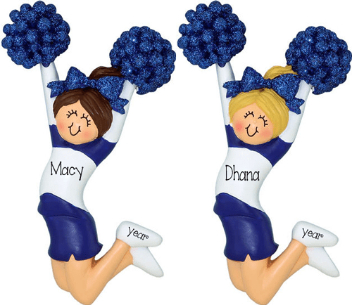 CHEERLEADER with Blue Glitter Pom Poms ~ Personalized Ornament