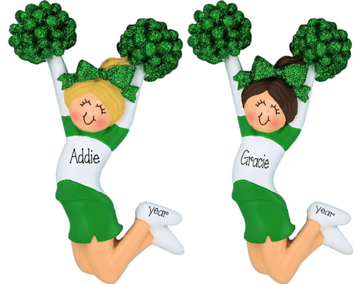 CHEERLEADER with Green Glitter Pom Poms ~ Personalized Ornament