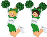 Blonde or Brunette Cheerleader dresses in Green with Green Glitter Pom Poms ~ Personalized Christmas Ornament