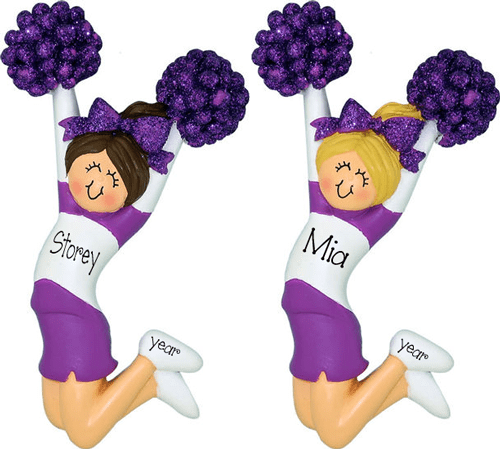CHEERLEADER with Purple Glitter Pom Poms ~ Personalized Ornament