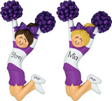 Blonde or Brunette Cheerleader dresses in Purple with Purple Glitter Pom Poms ~ Personalized Christmas Ornament