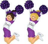 Blonde or Brunette Cheerleader dresses in Purple with Purple Glitter Pom Poms ~ Personalized Christmas Ornament