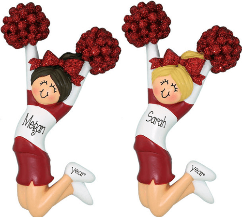 CHEERLEADER with Red Glitter Pom Poms ~ Personalized Christmas Ornament