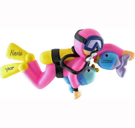 SCUBA DIVER IN PINK, FEMALE,  MY PERSONALIZED ORNAMENTS
