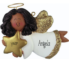 AFRICAN AMERICAN, ethnic ANGEL TRIMMED IN GOLD, MY PERSONALIZED CHRISTMAS ORNAMENT