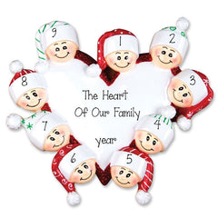 FAMILY OF 9 HEART TRIMMED IN RED GLITTER / MY PERSONALIZED ORNAMENTS