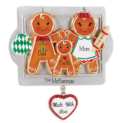 Family of 3 Gingerbread ~ Personalized Christmas Ornament