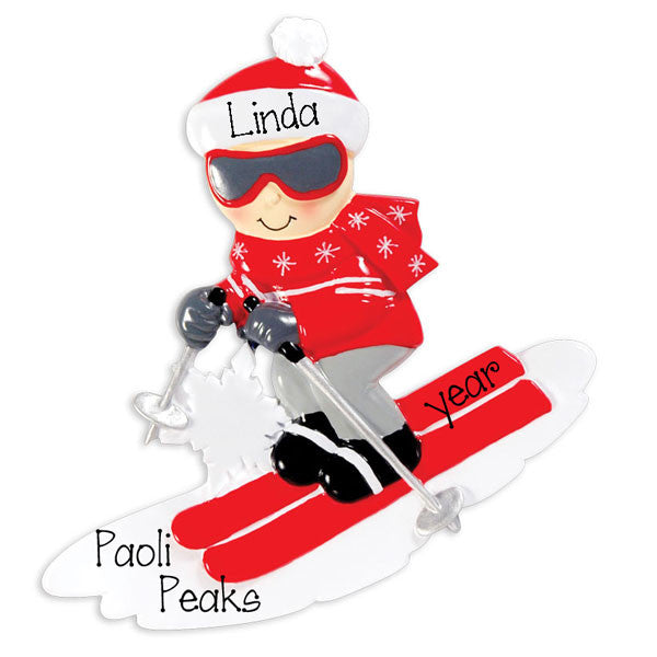 SNOW SKIER in red~Personalized Christmas Ornament