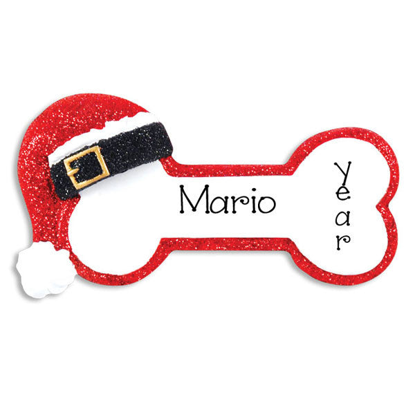 DOG BONE with Santa Hat - Personalized Christmas Ornament