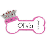 DOG BONE WITH SILVER CROWN TRIMMED IN PINK GLITTER / MY PERSONALIZED ORNAMENT