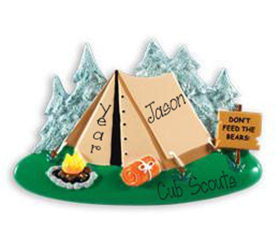 Camping in tent, cub scouts, boy scouts, my personalized ornaments 