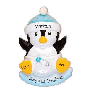 Baby Boy Penguin with a Blue Glitter Hat-Personalized Christmas Ornament