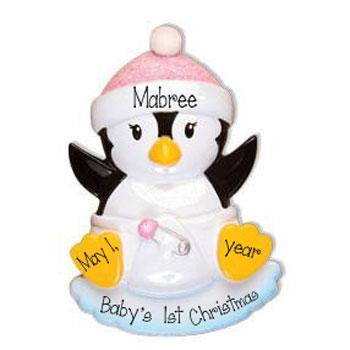 Baby Girl Penguin with a Pink Glitter Hat-Personalized Christmas Ornament
